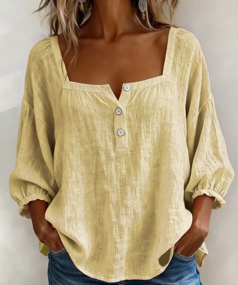 Fiona | Ženska bluza sa četvrtastim izrezom, 3/4 puf rukavi, bluza sa dugmadima